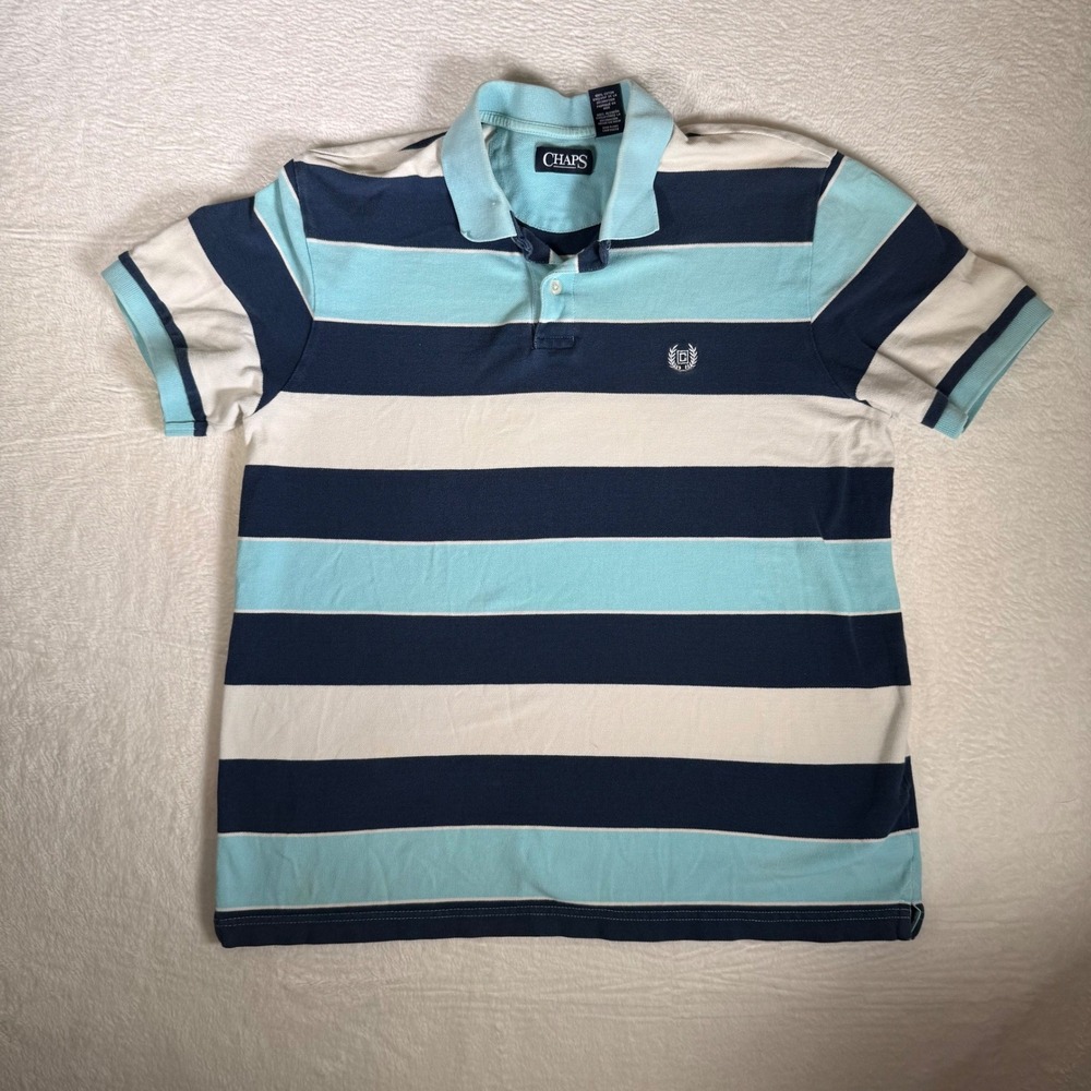 CHAPS Mens Striped Short Sleeve Polo Shirt Blue White Aqua Size L Preppy Logo‎